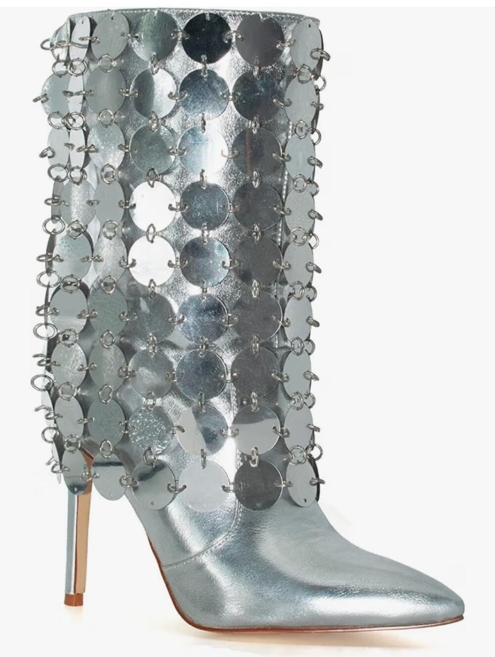 Metallic Silver Disc Boot - Women's High Heel